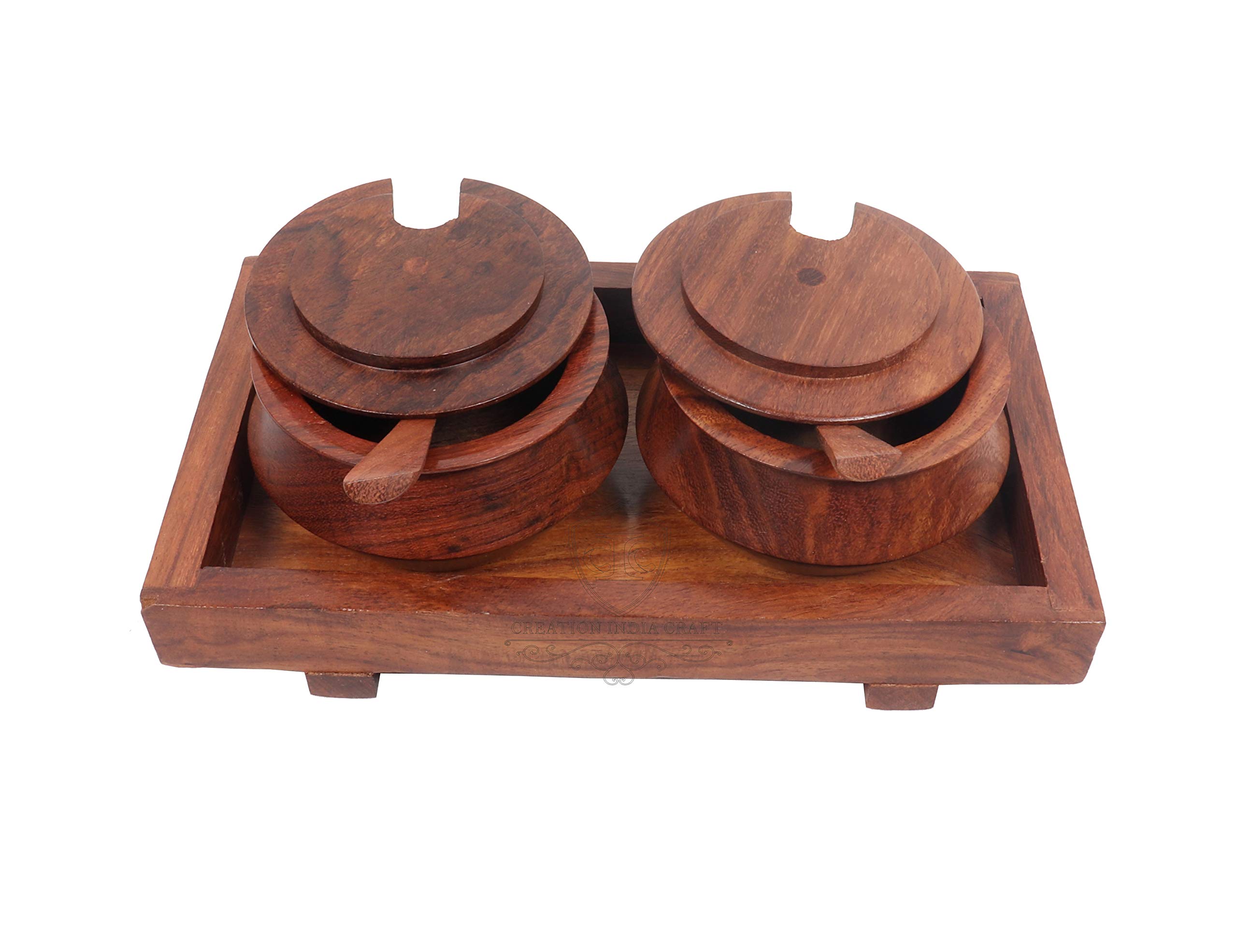 Creation India Craft Wooden Jar Set with Tray and Spoon, 50 ml, 2-Pieces,Indian Rosewood, Refreshner Box Table Top for Dinning Table