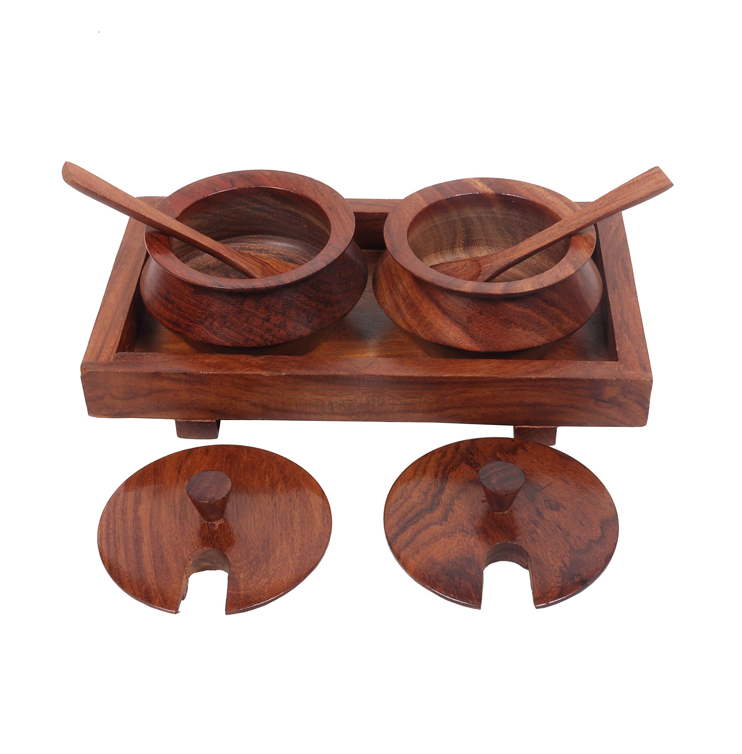 Creation India Craft Wooden Jar Set with Tray and Spoon, 50 ml, 2-Pieces,Indian Rosewood, Refreshner Box Table Top for Dinning Table