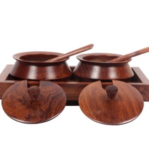 Creation India Craft Wooden Jar Set with Tray and Spoon, 50 ml, 2-Pieces,Indian Rosewood, Refreshner Box Table Top for Dinning Table