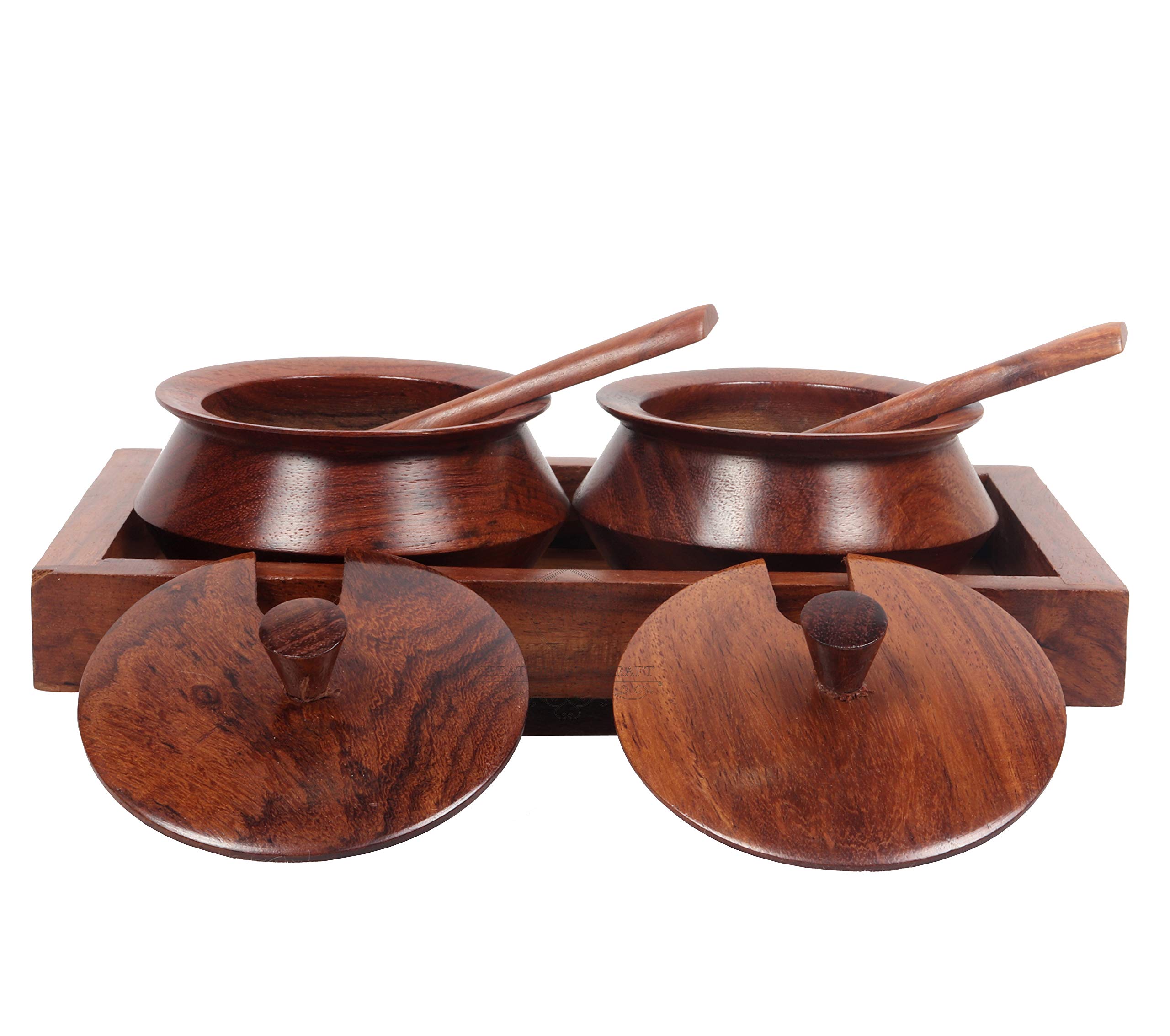 Creation India Craft Wooden Jar Set with Tray and Spoon, 50 ml, 2-Pieces,Indian Rosewood, Refreshner Box Table Top for Dinning Table