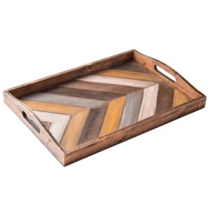 mygift rustic chevron stripe pattern rectangular wood breakfast serving tray/decorative coffee table tray with cutout handle - 16 x 12-inch