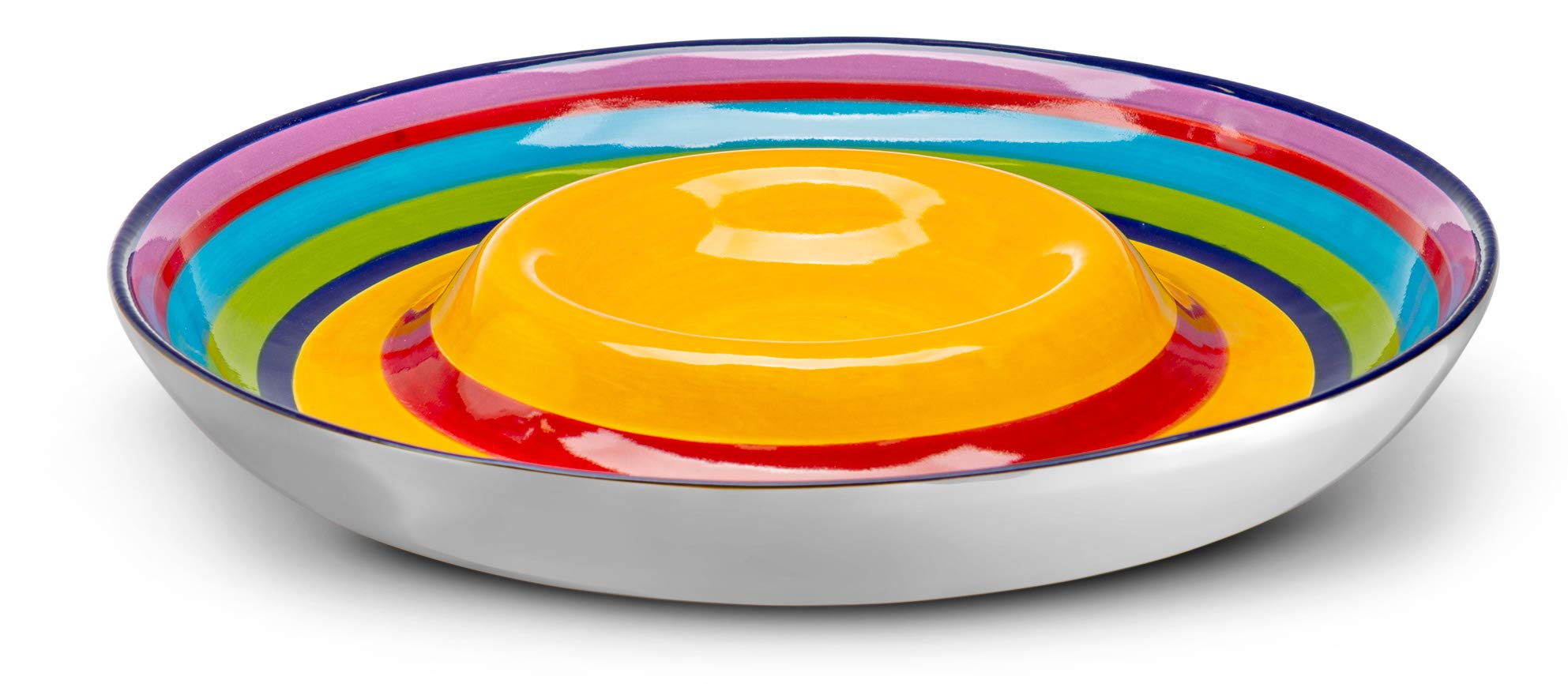 KooK Ceramic Chip & Dip Platter, Large Divided Serving Dish for Parties, Round Tray for Snacks and Appetizers, with Bowl for Dips, Dishwasher Safe, Hand-painted, Multicolor, Tinga Collection, 13 Inch