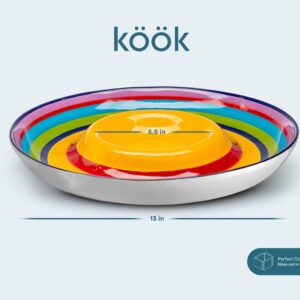 KooK Ceramic Chip & Dip Platter, Large Divided Serving Dish for Parties, Round Tray for Snacks and Appetizers, with Bowl for Dips, Dishwasher Safe, Hand-painted, Multicolor, Tinga Collection, 13 Inch