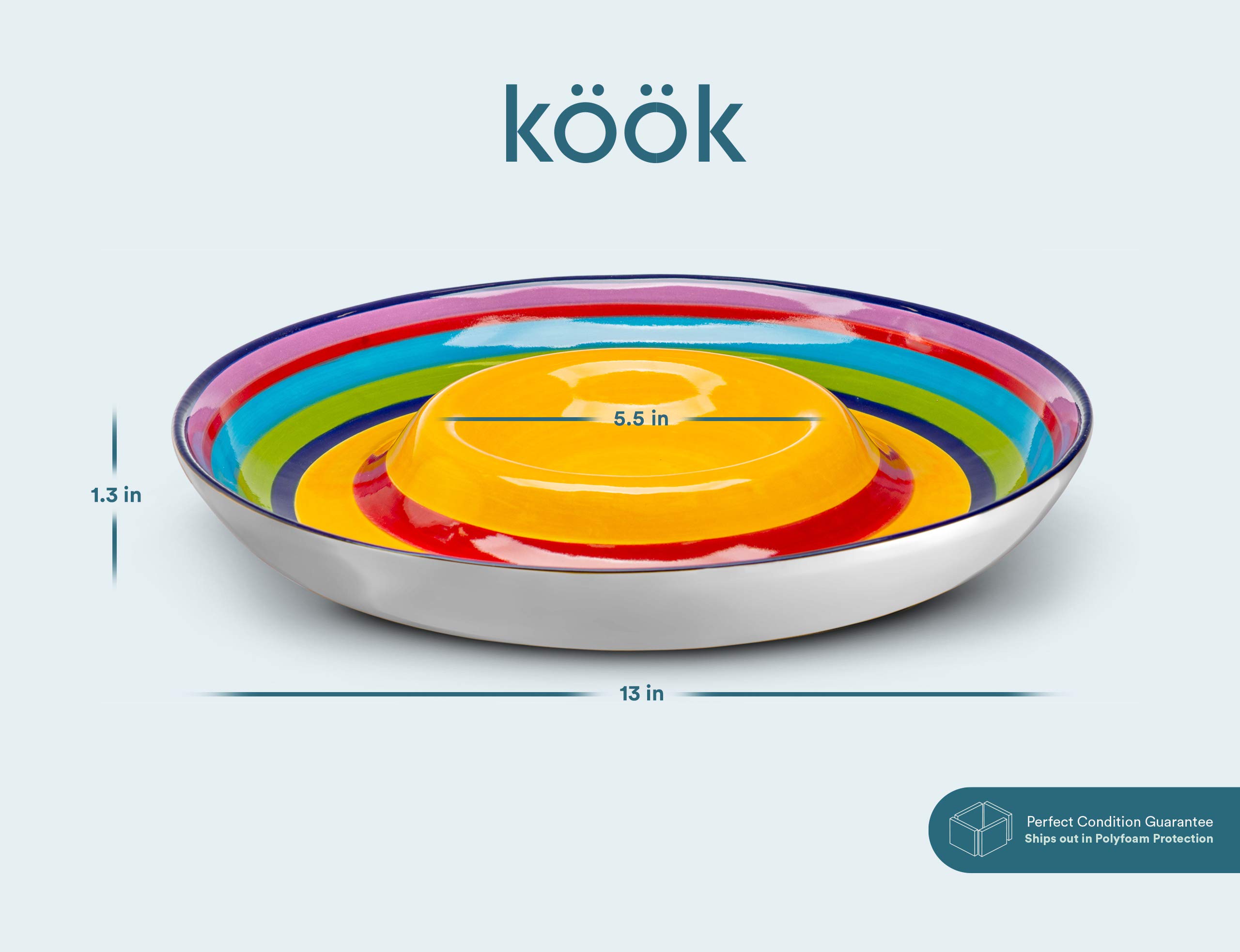 KooK Ceramic Chip & Dip Platter, Large Divided Serving Dish for Parties, Round Tray for Snacks and Appetizers, with Bowl for Dips, Dishwasher Safe, Hand-painted, Multicolor, Tinga Collection, 13 Inch