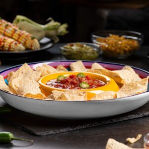 KooK Ceramic Chip & Dip Platter, Large Divided Serving Dish for Parties, Round Tray for Snacks and Appetizers, with Bowl for Dips, Dishwasher Safe, Hand-painted, Multicolor, Tinga Collection, 13 Inch