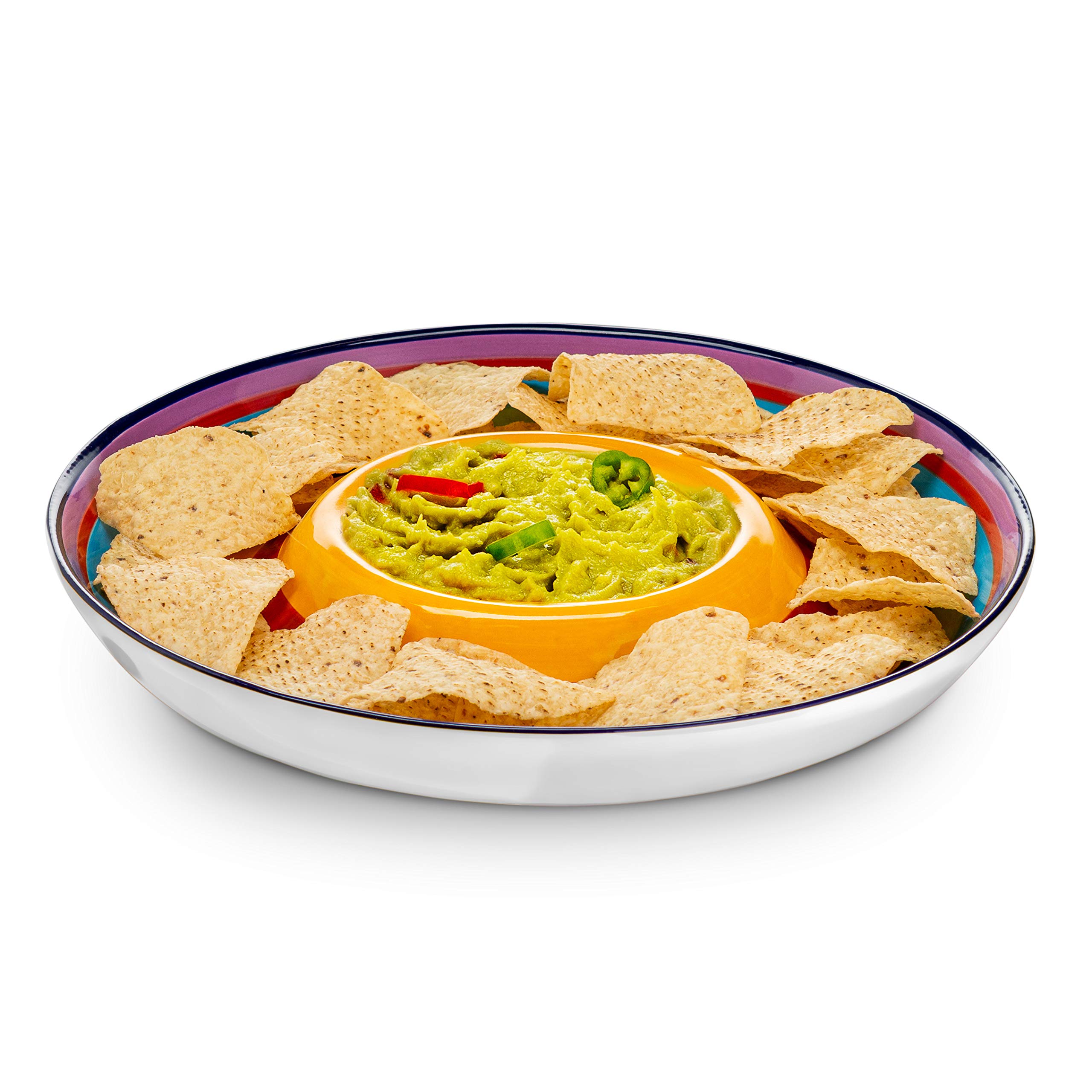 KooK Ceramic Chip & Dip Platter, Large Divided Serving Dish for Parties, Round Tray for Snacks and Appetizers, with Bowl for Dips, Dishwasher Safe, Hand-painted, Multicolor, Tinga Collection, 13 Inch