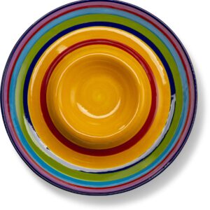 KooK Ceramic Chip & Dip Platter, Large Divided Serving Dish for Parties, Round Tray for Snacks and Appetizers, with Bowl for Dips, Dishwasher Safe, Hand-painted, Multicolor, Tinga Collection, 13 Inch