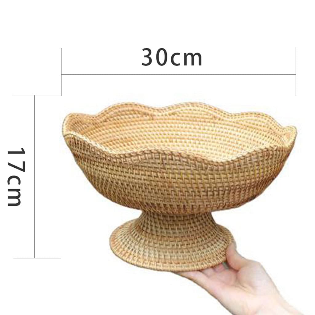 FUKQVOD Simple Fashion Hand-Woven Rattan Tray，Round Brown Natural Decorative Storage Wicker Serving Tray，for Cookies Tea Snacks Fruit Convenience