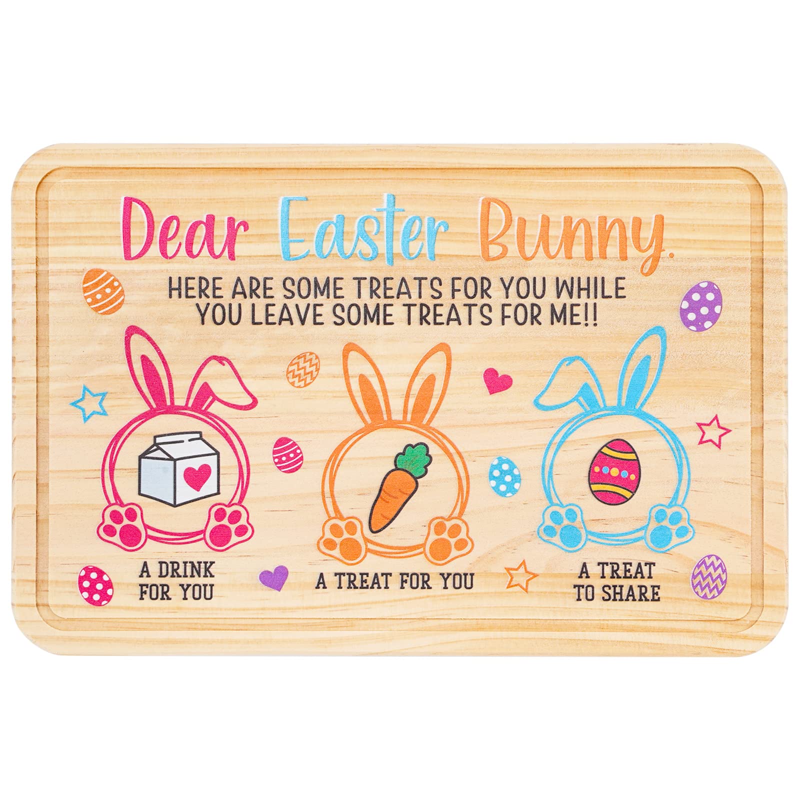 Whaline Easter Cookie Plate Dear Easter Bunny Wooden Cookie Tray Easter Egg Carrot Drink Wooden Treat Plate Rectangle Easter Tray Bundle for Easter Gifts Decoration Supplies, 11.8x7.8 Inch