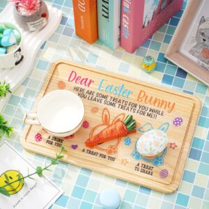 Whaline Easter Cookie Plate Dear Easter Bunny Wooden Cookie Tray Easter Egg Carrot Drink Wooden Treat Plate Rectangle Easter Tray Bundle for Easter Gifts Decoration Supplies, 11.8x7.8 Inch