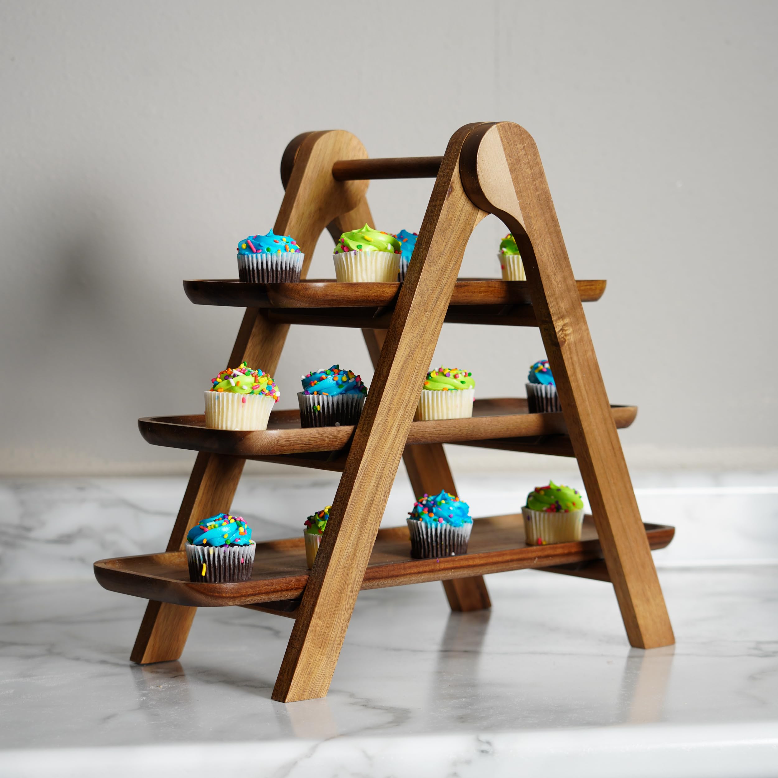 Creekview Home Emporium Wooden Ladder Tiered Tray Serving Platter - A-Frame Farmhouse Tiered Tray Cupcake Display Stand