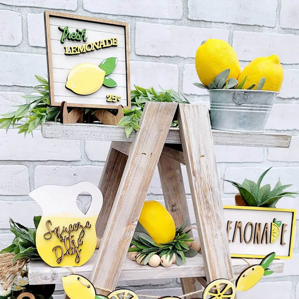 Lemon Decor Lemon Tiered Tray Decor Set: 7pcs Summer Farmhouse Farm Tiered Tray Decor Lemonade Wooden Tiered Tray Decor Lemon Garland Tray Wooden Signs for Kitchen Lemon Kitchen Decor