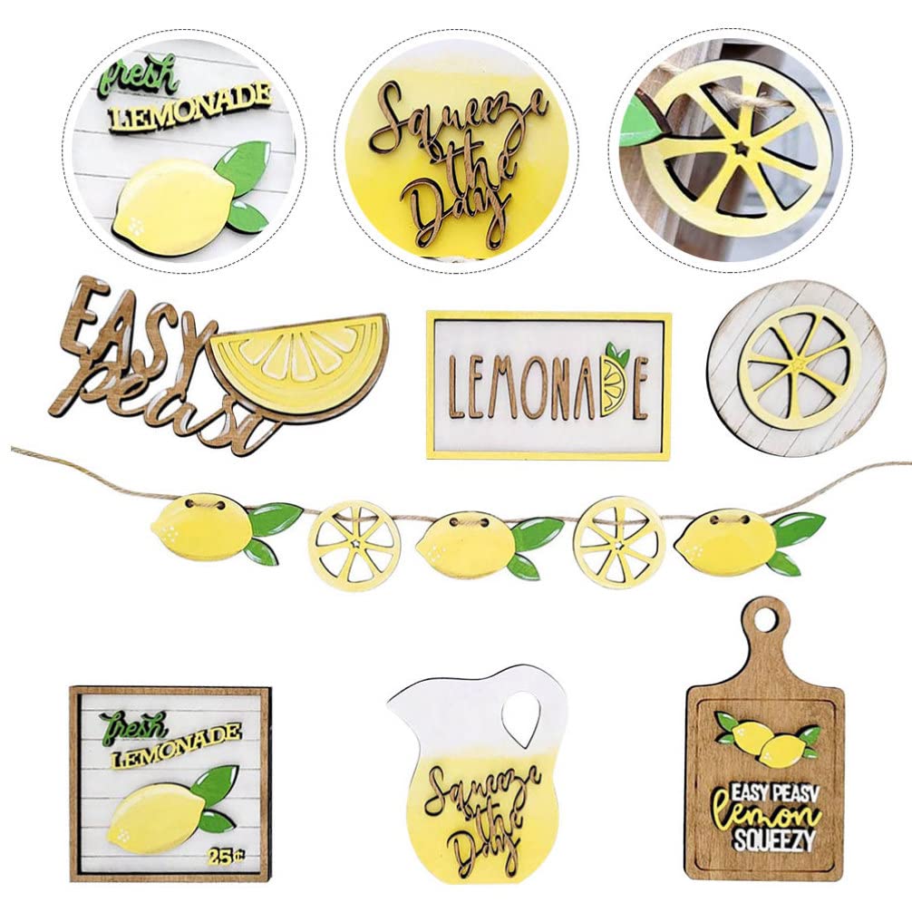 Lemon Decor Lemon Tiered Tray Decor Set: 7pcs Summer Farmhouse Farm Tiered Tray Decor Lemonade Wooden Tiered Tray Decor Lemon Garland Tray Wooden Signs for Kitchen Lemon Kitchen Decor