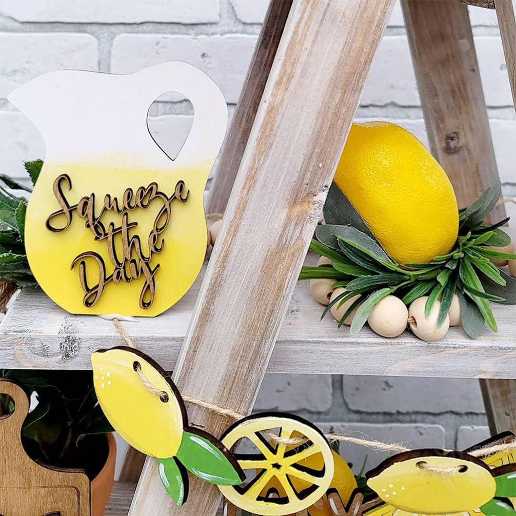 Lemon Decor Lemon Tiered Tray Decor Set: 7pcs Summer Farmhouse Farm Tiered Tray Decor Lemonade Wooden Tiered Tray Decor Lemon Garland Tray Wooden Signs for Kitchen Lemon Kitchen Decor