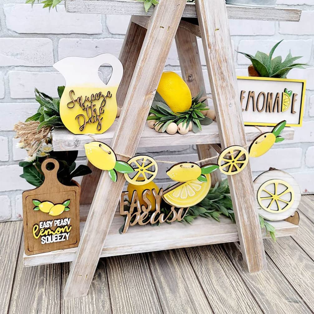 Lemon Decor Lemon Tiered Tray Decor Set: 7pcs Summer Farmhouse Farm Tiered Tray Decor Lemonade Wooden Tiered Tray Decor Lemon Garland Tray Wooden Signs for Kitchen Lemon Kitchen Decor