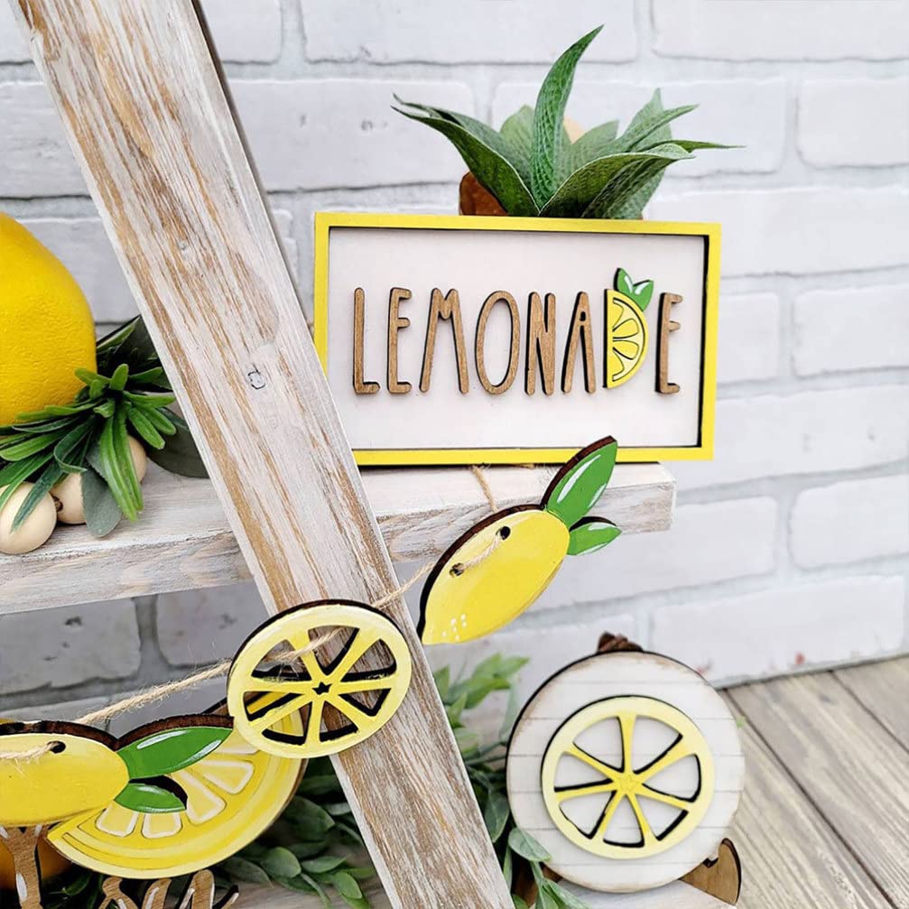 Lemon Decor Lemon Tiered Tray Decor Set: 7pcs Summer Farmhouse Farm Tiered Tray Decor Lemonade Wooden Tiered Tray Decor Lemon Garland Tray Wooden Signs for Kitchen Lemon Kitchen Decor