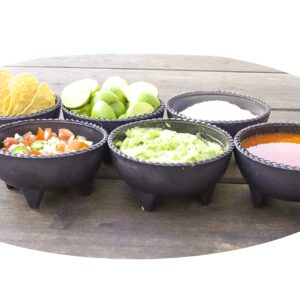 6 Pack Salsa Black Molcajete, Mexico Serving Dish, Chips, Sauce Cup, Side Dish, Snack, Dip, Nuts Candy for Taco Fiesta, Perfect for Parties, Events, or Any Use! (Black Wavy Edge, 6 Pack)