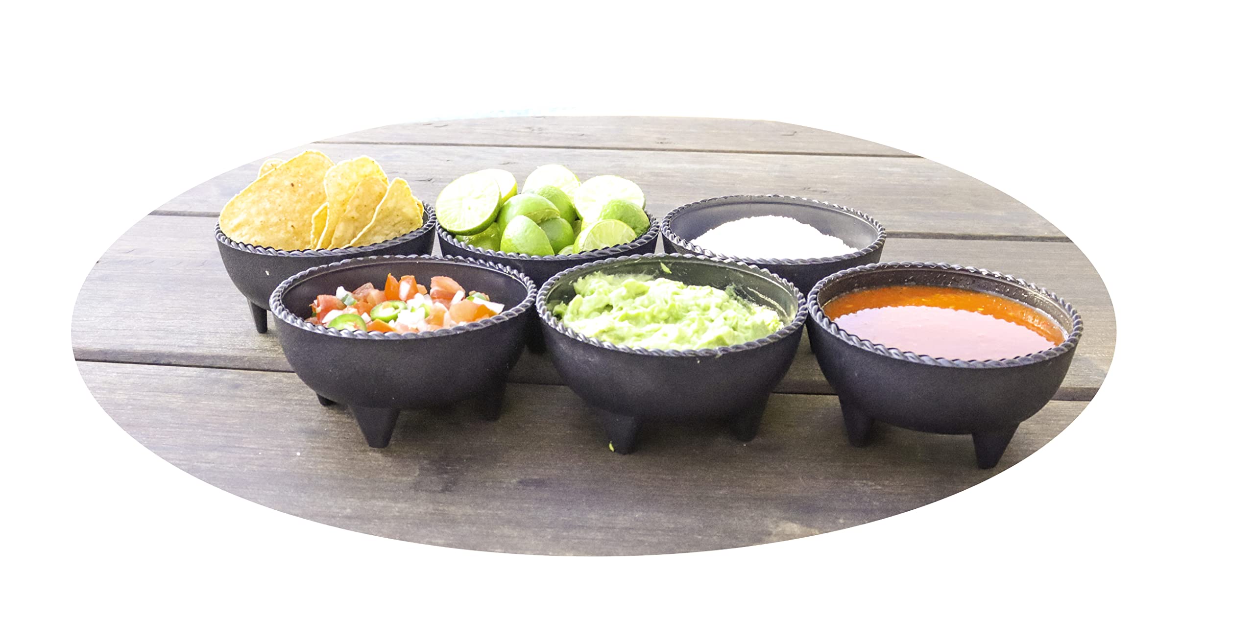 6 Pack Salsa Black Molcajete, Mexico Serving Dish, Chips, Sauce Cup, Side Dish, Snack, Dip, Nuts Candy for Taco Fiesta, Perfect for Parties, Events, or Any Use! (Black Wavy Edge, 6 Pack)