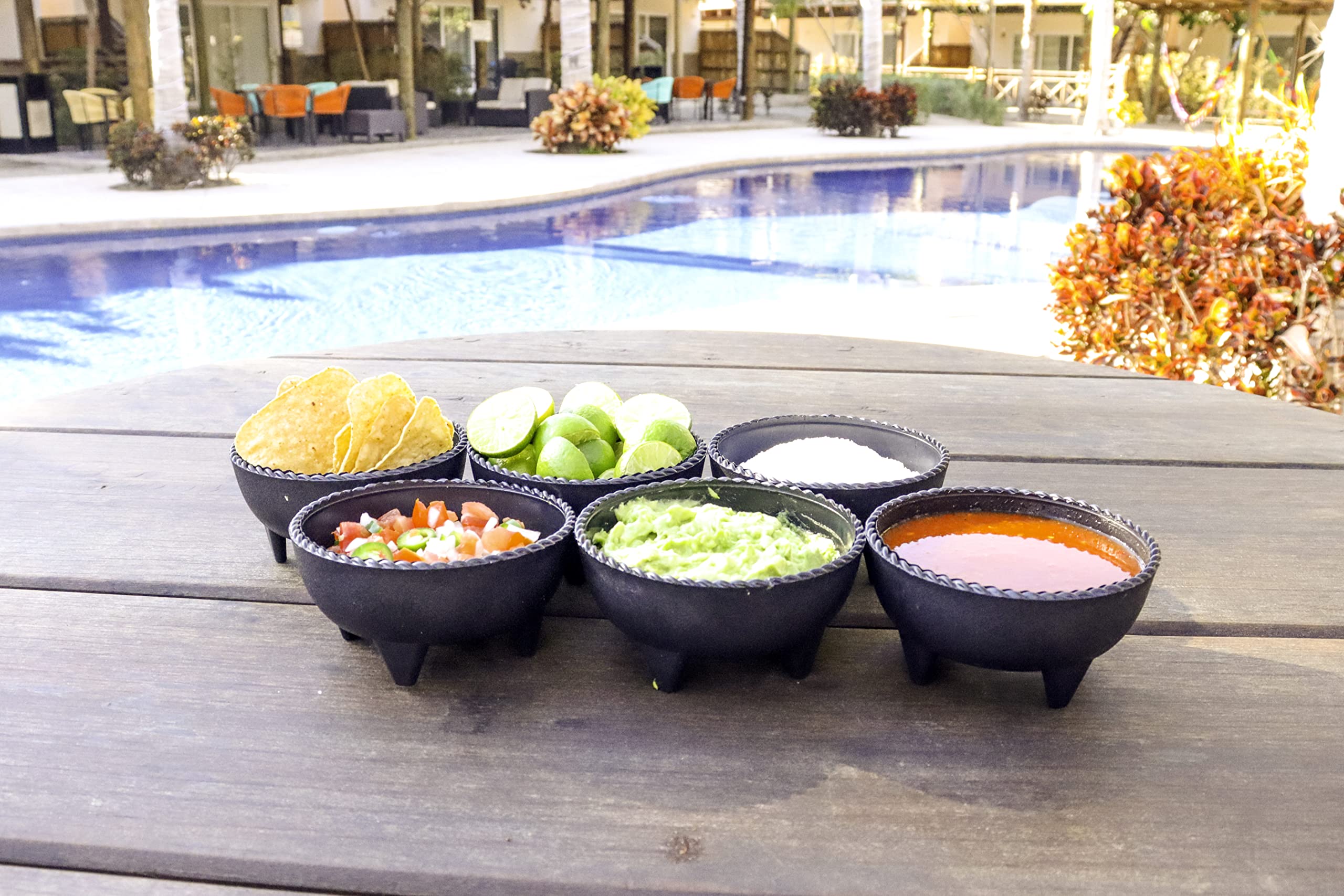 6 Pack Salsa Black Molcajete, Mexico Serving Dish, Chips, Sauce Cup, Side Dish, Snack, Dip, Nuts Candy for Taco Fiesta, Perfect for Parties, Events, or Any Use! (Black Wavy Edge, 6 Pack)