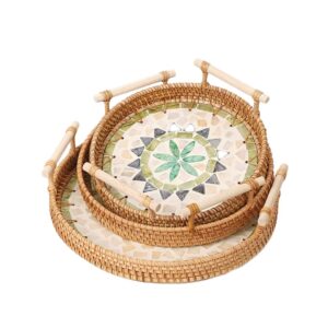 virgoleo set of 3 round rattan tray with mother of pearl inlay and wood handles, boho woven wicker tray for coffee table décor and storage, 11/9.45/8.66 inch