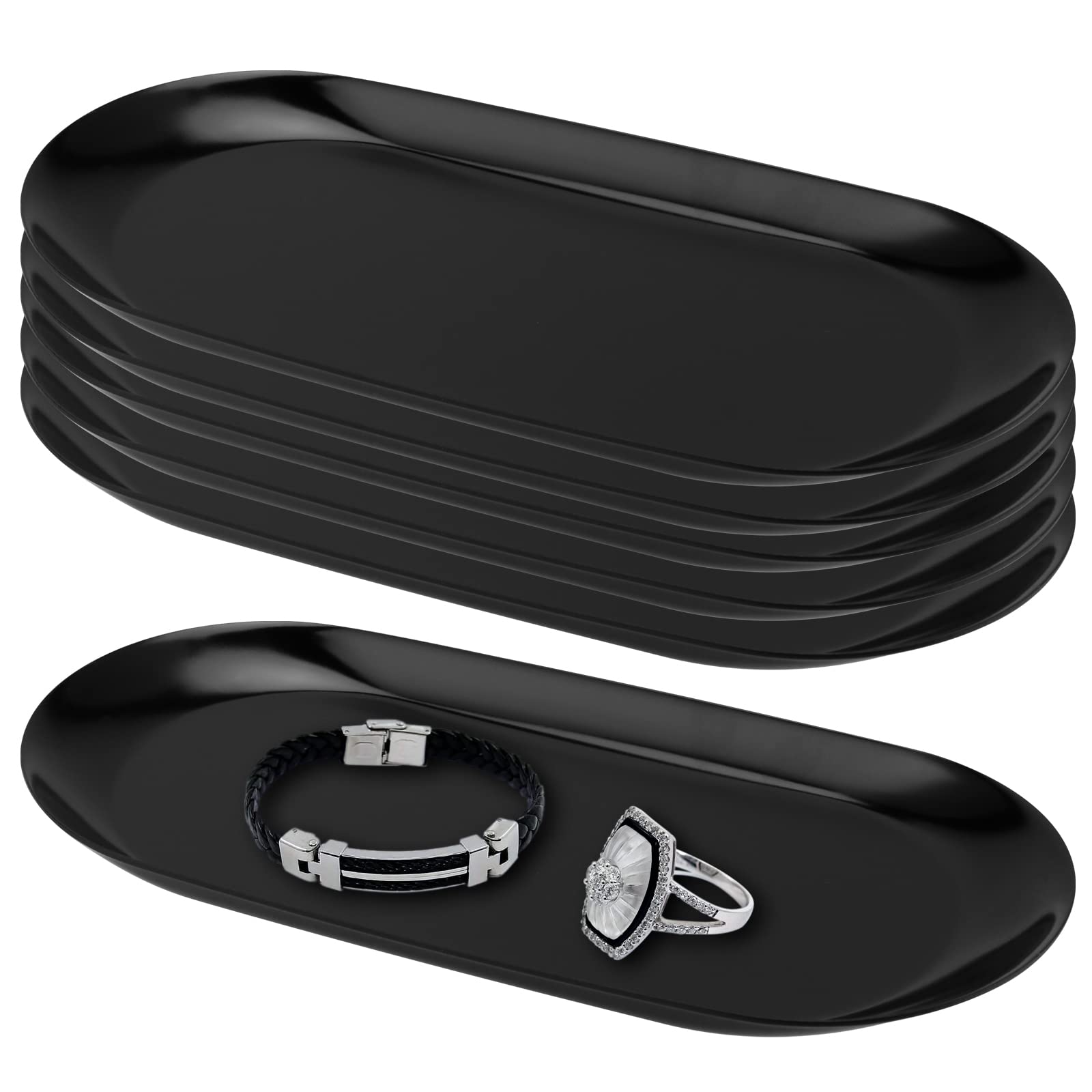 KEILEOHO Set of 6 Stainless Steel Decorative Tray, 7 Inch Metal Serving Trays, Stainless Steel Towel Trays Black Organizer Tray Small Oval Jewelry Dish Tea Fruit Tray for Kitchen, Bar, Restaurant