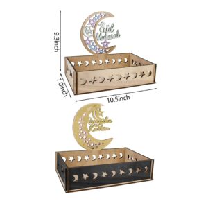 2PCS Ramadan Trays Decorations, Eid Mubarak Islamic DIY Wooden Serving Trays Breakfast Food Dessert Tray Muslim Gift for Home Table Party Supplies