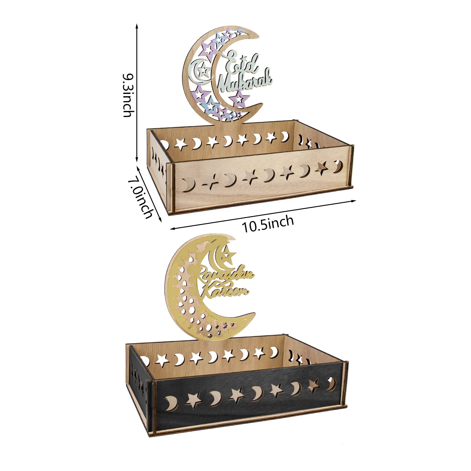 2PCS Ramadan Trays Decorations, Eid Mubarak Islamic DIY Wooden Serving Trays Breakfast Food Dessert Tray Muslim Gift for Home Table Party Supplies