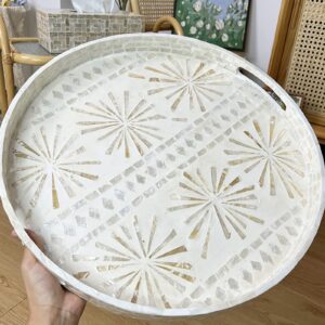 i-lan 18inch mother of pearl decorative round kitchen table serving trays- décor white mother of pearl inlay coffee table tray with handles for display,food, catering, catchall, xxl