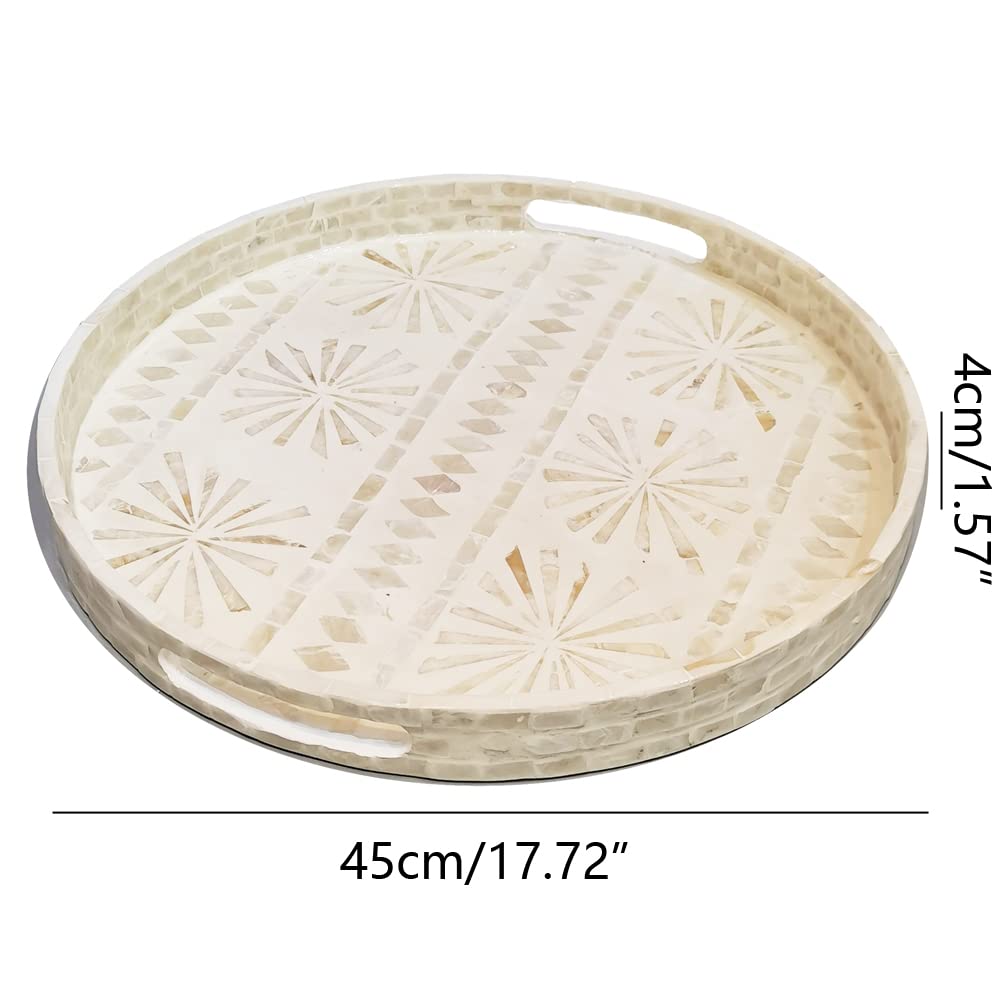 i-lan 18inch Mother of Pearl Decorative Round Kitchen Table Serving Trays- Décor White Mother of Pearl Inlay Coffee Table Tray with Handles for Display,Food, Catering, Catchall, XXL