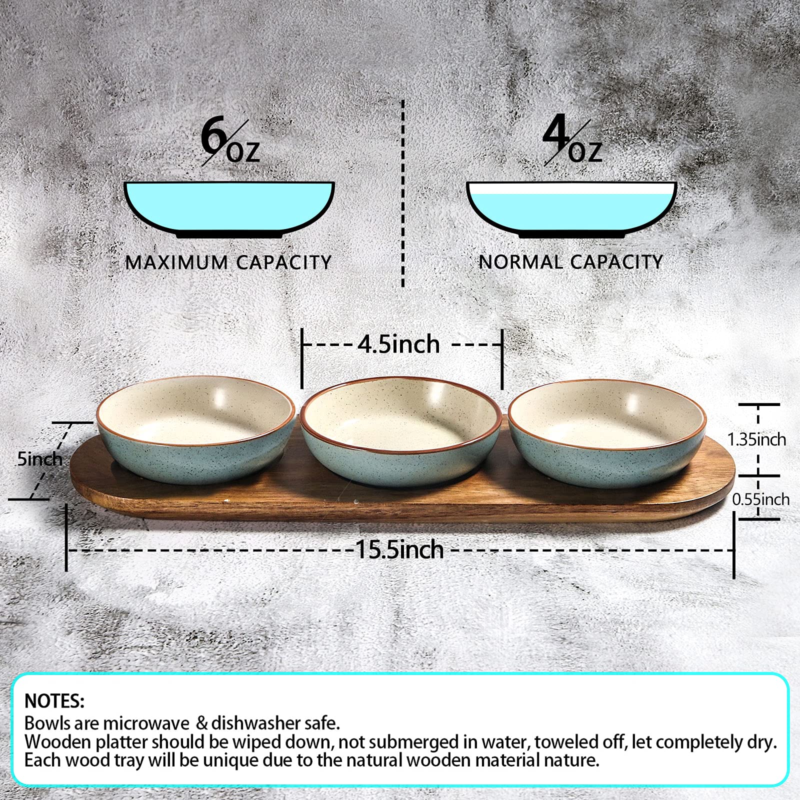 Artena 6oz Turquoise Solid Ceramic Chips and Dip Serving Platter with Acacia Wooden Tray & Bright White 6.75 inch Asian Soup Spoons Set of 6