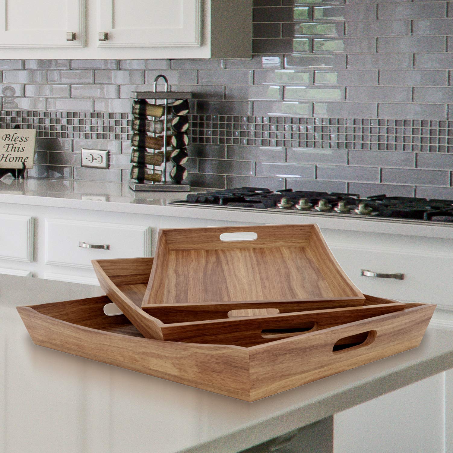 Rustic Wood Serving Tray Set of 3 - Large Serving Tray with Handles - Wood Tray - Coffee Table Tray - Food Tray - Wooden Tray - Ottoman Tray Large Great for Coffee & Food (Acacia Wood Trays)