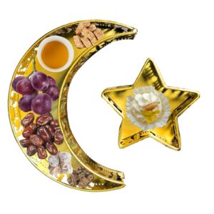 AOCEAN 2 Pcs Golden Ramadan Serving Tray Elegant Eid Mubarak Dessert Plate with Moon and Star Design Stylish Food Container for Ramadan Table Decor and Festive Gatherings (Carve)