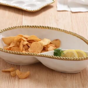 Pampa Bay Titanium-Plated Porcelain 2 Section Serving Piece, 13.8 x 9 Inch, Gold/White Tone, Oven, Freezer, Dishwasher Safe