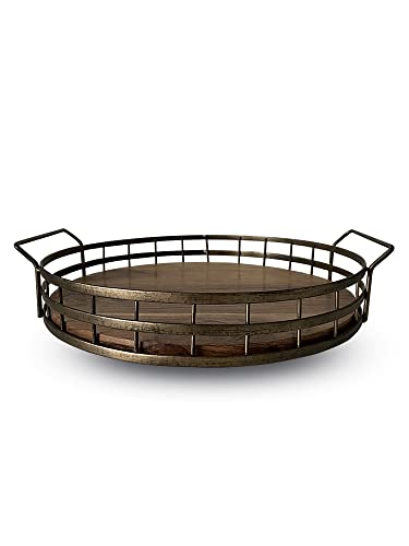 Farmhouse Round Wooden Tray with Antique Gold deep Metal Frame & Acacia Wood Base with Handles. This Round Tray is an Ideal Decorative Tray, Coffee Table, Drinks or Serving Tray by Cube Home