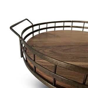 Farmhouse Round Wooden Tray with Antique Gold deep Metal Frame & Acacia Wood Base with Handles. This Round Tray is an Ideal Decorative Tray, Coffee Table, Drinks or Serving Tray by Cube Home