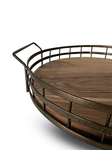 Farmhouse Round Wooden Tray with Antique Gold deep Metal Frame & Acacia Wood Base with Handles. This Round Tray is an Ideal Decorative Tray, Coffee Table, Drinks or Serving Tray by Cube Home