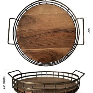 Farmhouse Round Wooden Tray with Antique Gold deep Metal Frame & Acacia Wood Base with Handles. This Round Tray is an Ideal Decorative Tray, Coffee Table, Drinks or Serving Tray by Cube Home