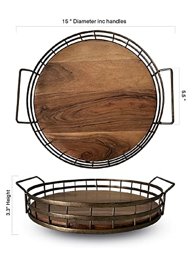 Farmhouse Round Wooden Tray with Antique Gold deep Metal Frame & Acacia Wood Base with Handles. This Round Tray is an Ideal Decorative Tray, Coffee Table, Drinks or Serving Tray by Cube Home