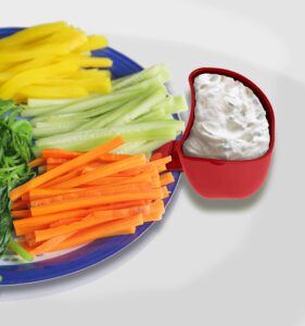 swiveling plate and bowl clip on dip holder for standard thickness dishes. serve dips, sauces, dressings or condiments without touching food to save space on platters for dipping wings, chips and more