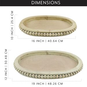 AuldHome Rustic Beaded Wood Tray Set (Set of 2); Farmhouse Distressed Oval Wooden Tray Set