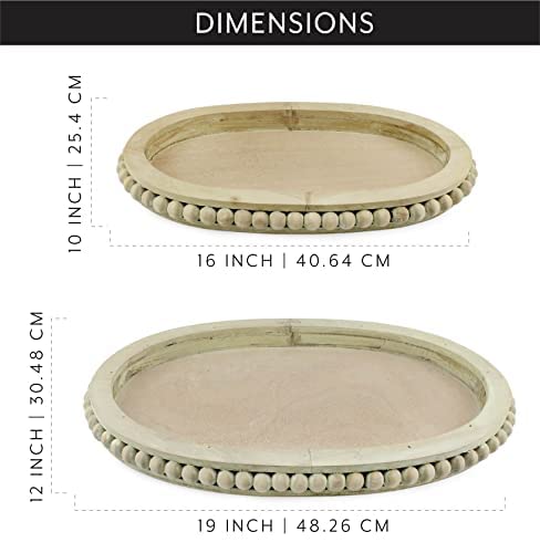 AuldHome Rustic Beaded Wood Tray Set (Set of 2); Farmhouse Distressed Oval Wooden Tray Set