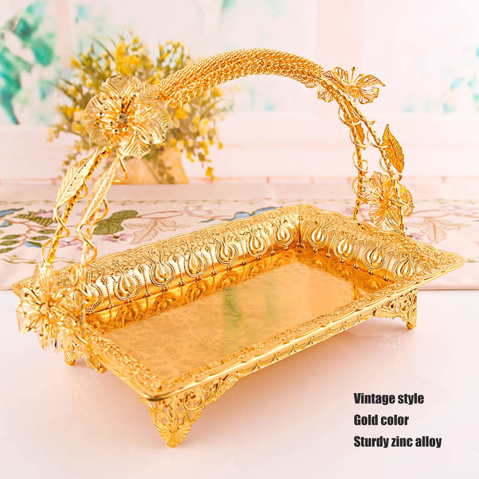 Pwshymi Coffee Serving Tray, Vintage Style Serving Tray Sturdy Zinc Alloy Elegant Metal Serving Gold Tray for Home Bar Cafe Kitchen Dining Entertaining Dinnerware Serveware Servi