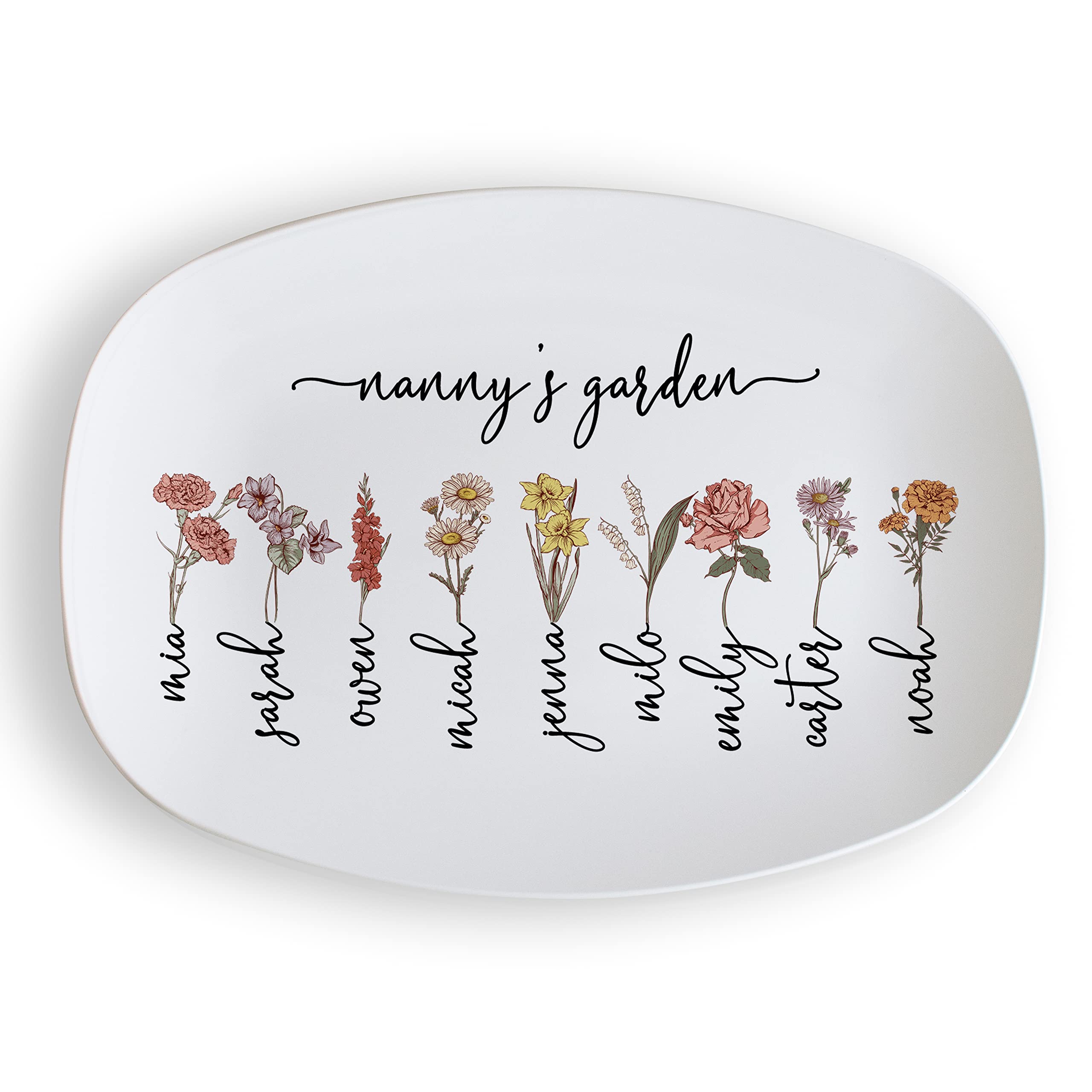 The Pine Trove Birth Flower Personalized Platter for Nanny for Mother's Day, Christmas, Birthday (10x14 inch, ThermoSāf® Polymer Platter)