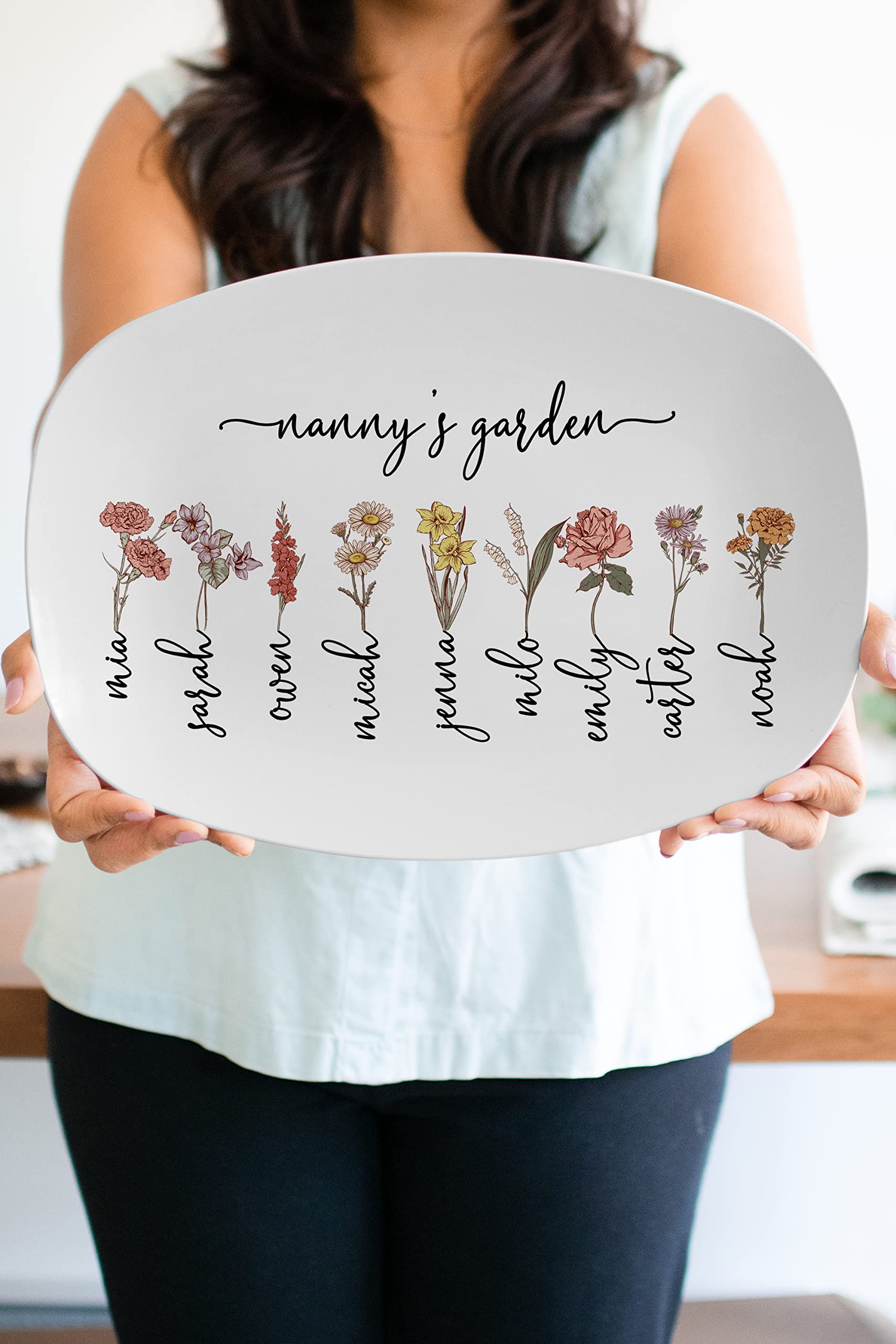 The Pine Trove Birth Flower Personalized Platter for Nanny for Mother's Day, Christmas, Birthday (10x14 inch, ThermoSāf® Polymer Platter)