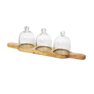 creative co-op mango wood serving tray with 3 glass cloches and handles, set of 4 serveware, 21"l x 5"w x 6"h, natural