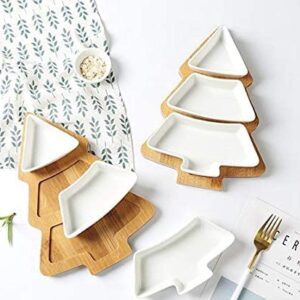 White Christmas Tree Plates Chip & Dip Set, 11 Inches Christmas Ceramic Snack Plate with Bamboo Tray, Removable Porcelain Tree Appetizer Dessert Fruit Salad Saucers Bowl, Cutlery Platter Serving Dish