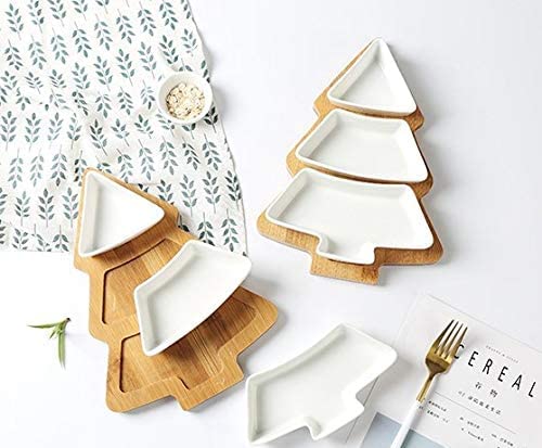 White Christmas Tree Plates Chip & Dip Set, 11 Inches Christmas Ceramic Snack Plate with Bamboo Tray, Removable Porcelain Tree Appetizer Dessert Fruit Salad Saucers Bowl, Cutlery Platter Serving Dish