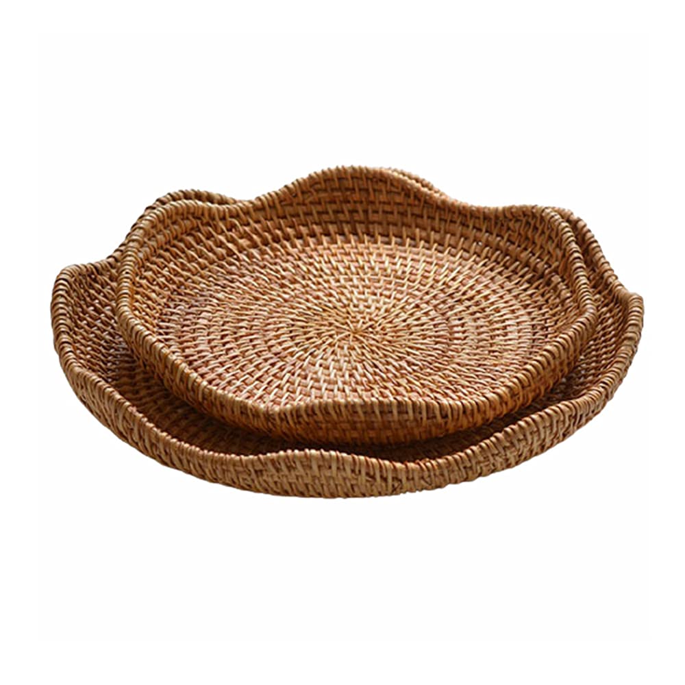 suiwoyou Hand-Woven Rattan Fruit Tray Storage Bread Basket Serving Tray Home Decoration Food Serving Platter 2 Pieces