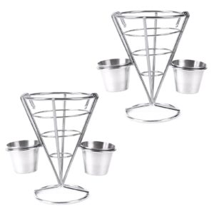 Eyourlife 2 Pieces French Fry Serving Stands with Double Sauce Holders, Stainless Steel Fry Cone Basket, Fish and Chips Holder, for Restaurant Cafe Table Food Serving