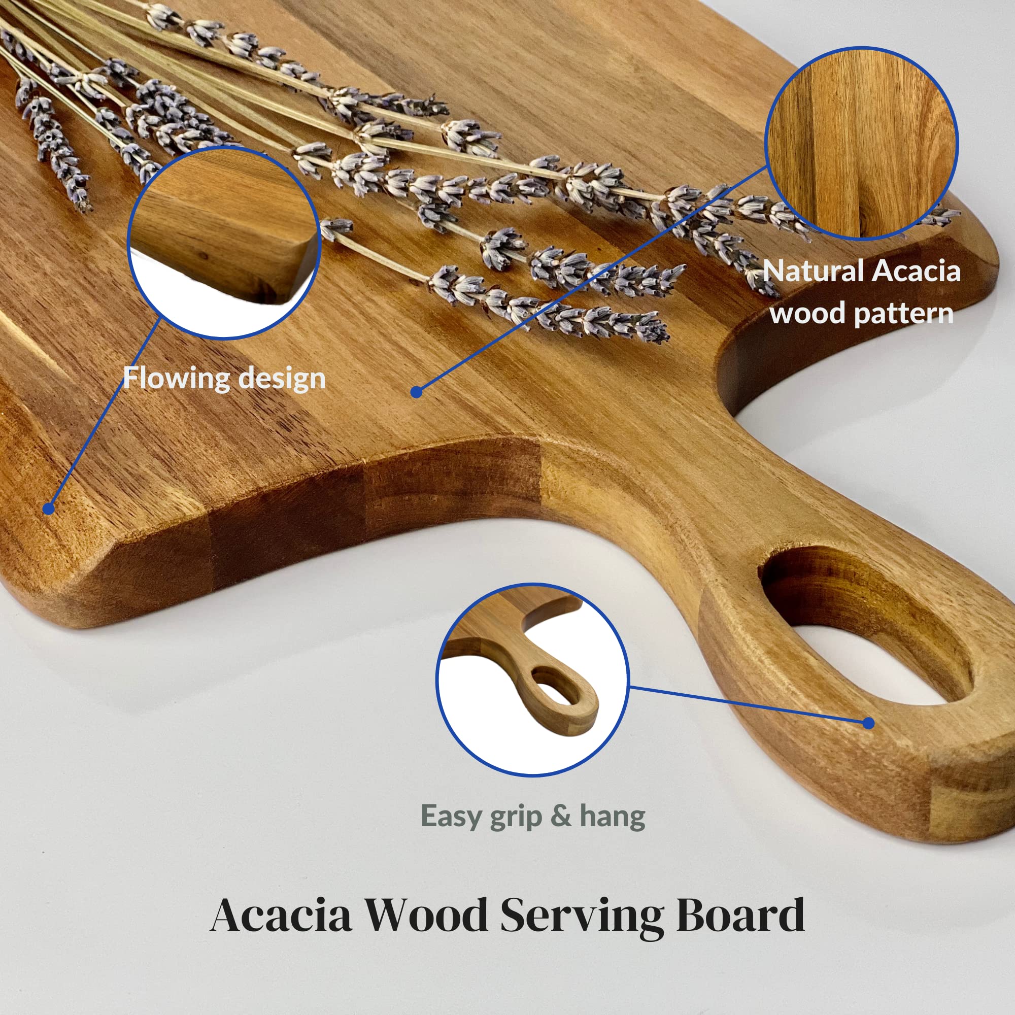 Quessento Home Acacia Wood Wavy Edge Cheese and Charcuterie Serving Board with Handle, Large (20-1/2”L)